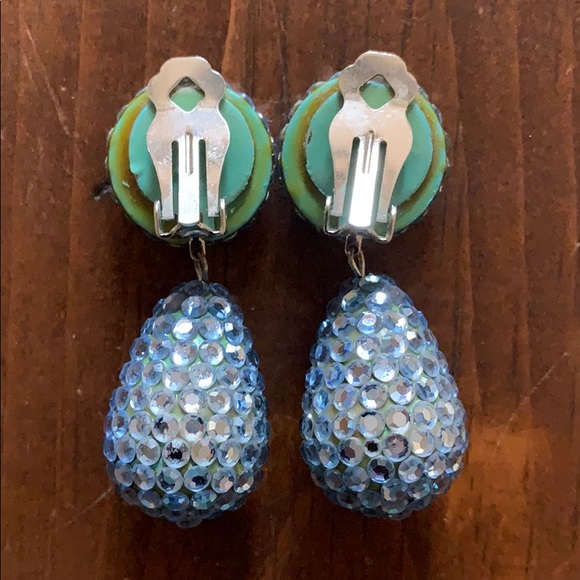 Blue Rhinestone Clip Earrings - Picture 3 of 6